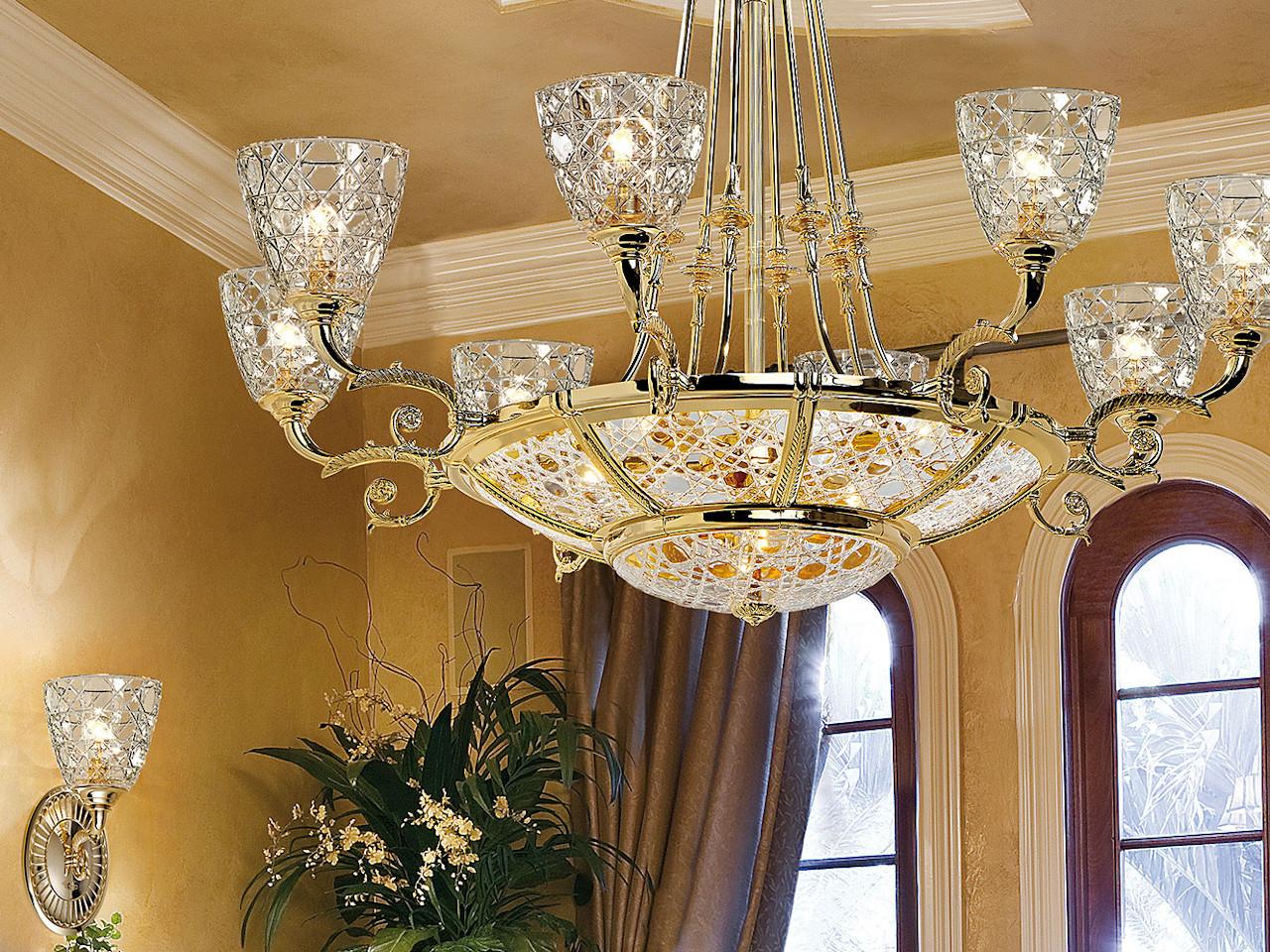 Gold plated chandelier with crystal | Raffaello 1999/6+8-c by Possoni Illuminazione