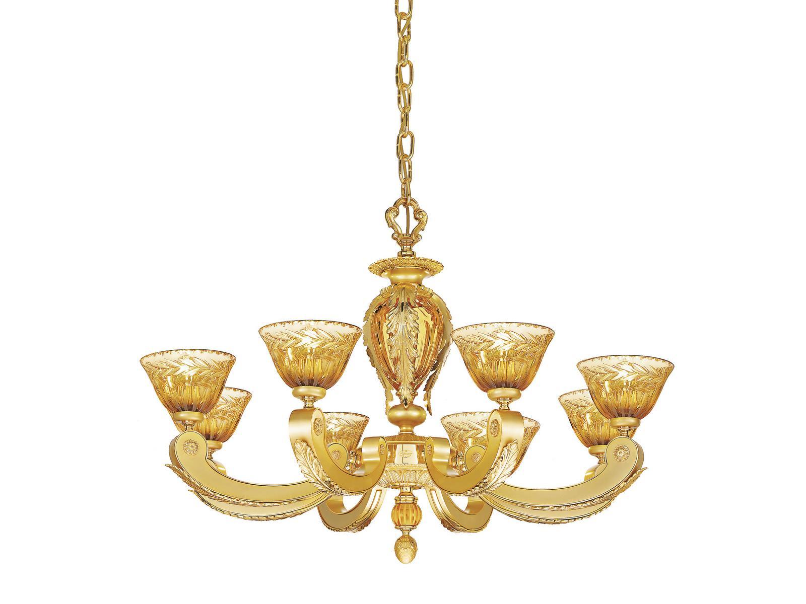 Sanded gold plated chandelier with amber crystal | Eden 265/8 by Possoni Illuminazione