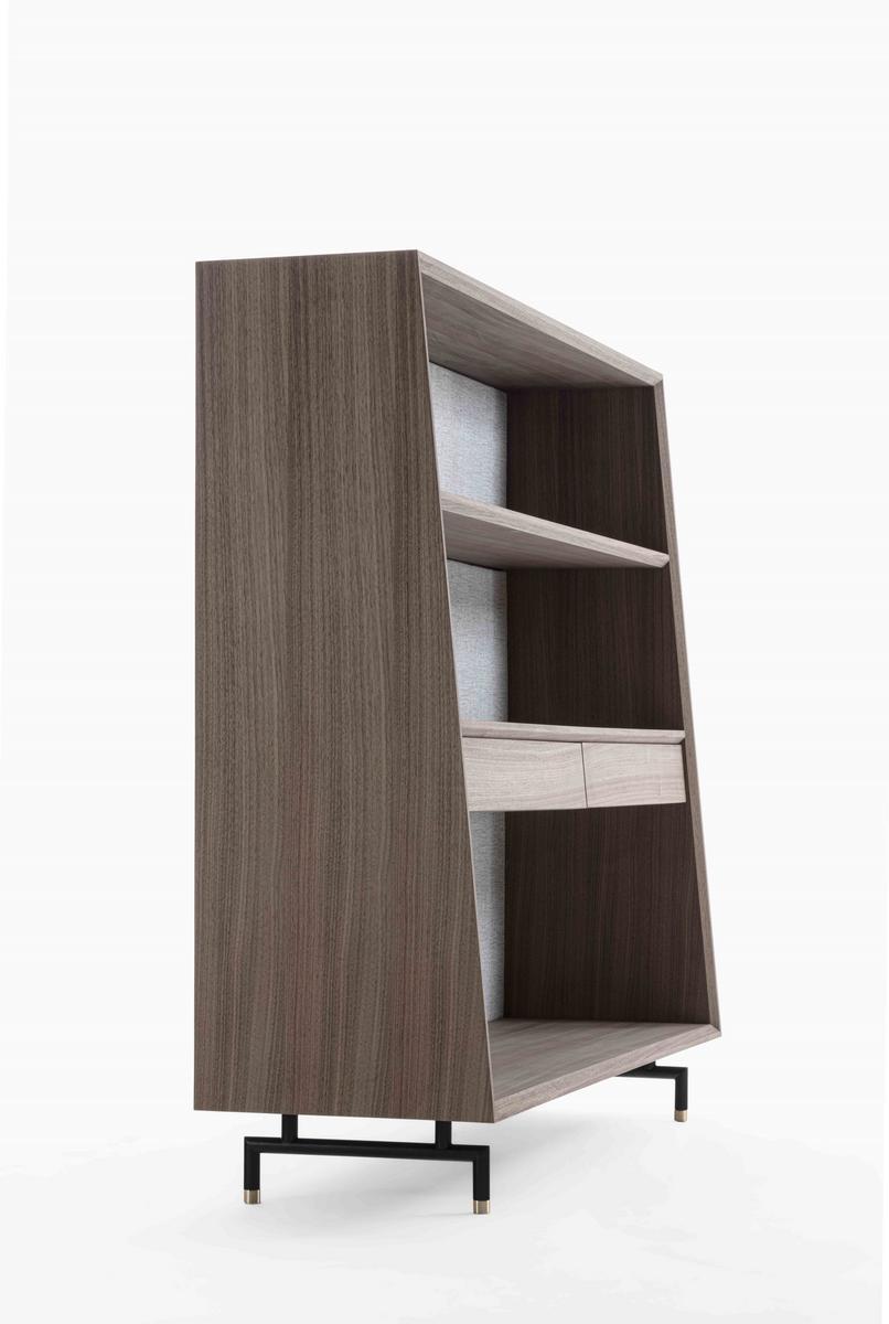 Freestanding walnut and fabric bookcase with drawers | Analog by Frigerio
