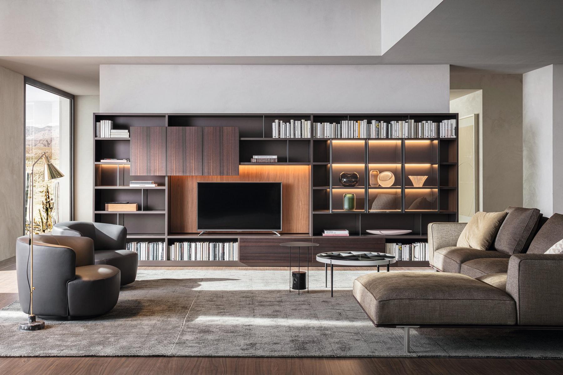 Sectional wooden storage wall with integrated lighting | 505 by Molteni