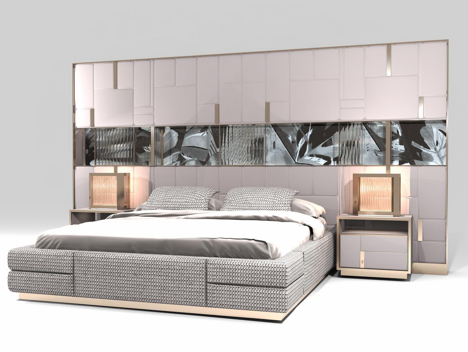 Glass and steel bed with upholstered headboard | Beloved Art by Visionnair