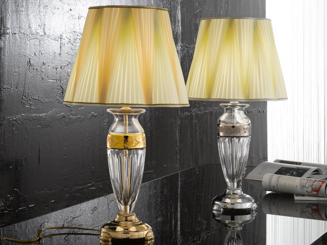 Gold plated table lamp with crystal and pleated silk shade | Leyla 7009/l by Possoni Illuminazione