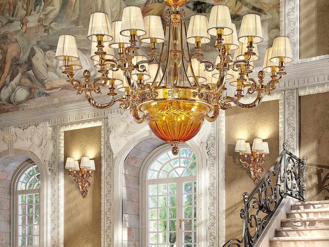 Shaded gold plated chandelier with amber crystal and shades | Amber 431/24+6 by Possoni Illuminazione
