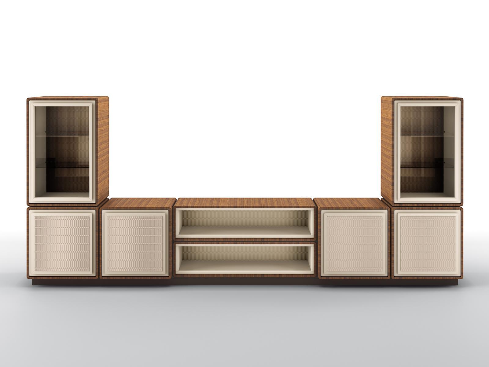Modular walnut TV cabinet with doors | Dedalo by Bruno Zampa