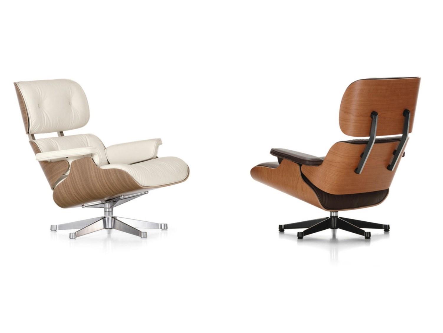 Swivel leather armchair with 5-spoke base with armrests | Lounge Chair White by Vitra