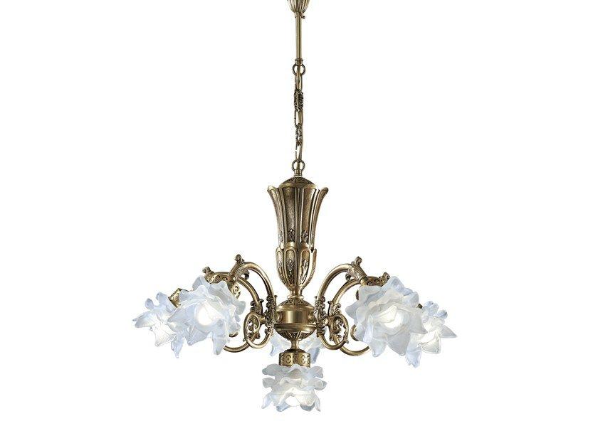 Satin brass chandelier with glass | Michela 15/5+1 by Possoni Illuminazione