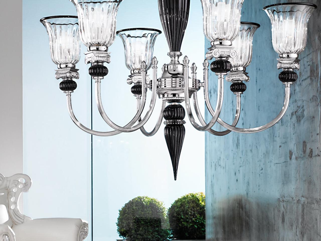 Chrome chandelier with clear and black crystal | Nives 27377/6 by Possoni Illuminazione