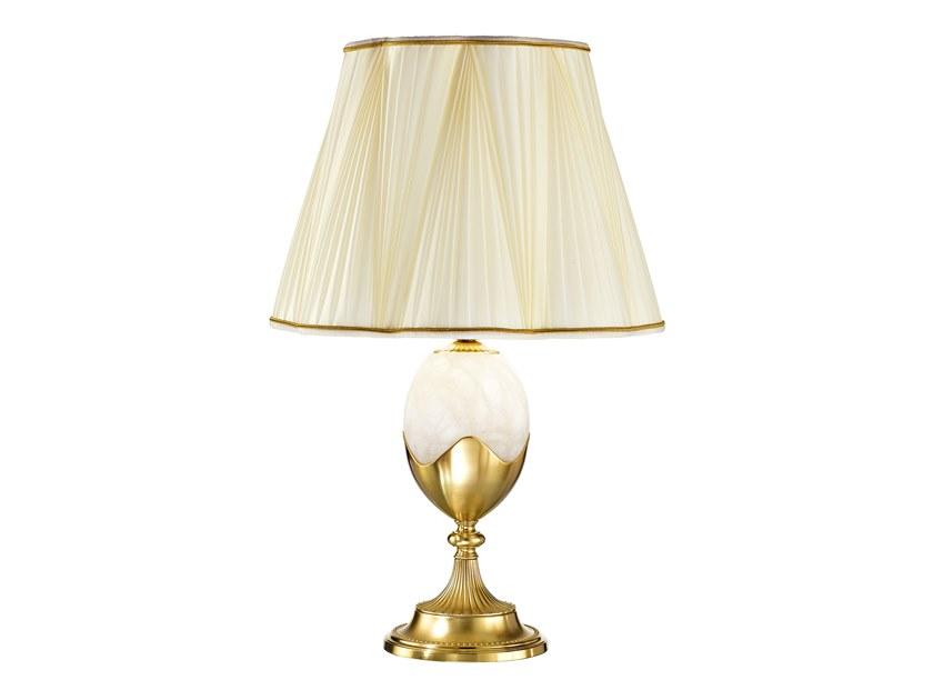 Satin gold plated table lamp with alabaster and silk shade | Eggy 7008/l by Possoni Illuminazione