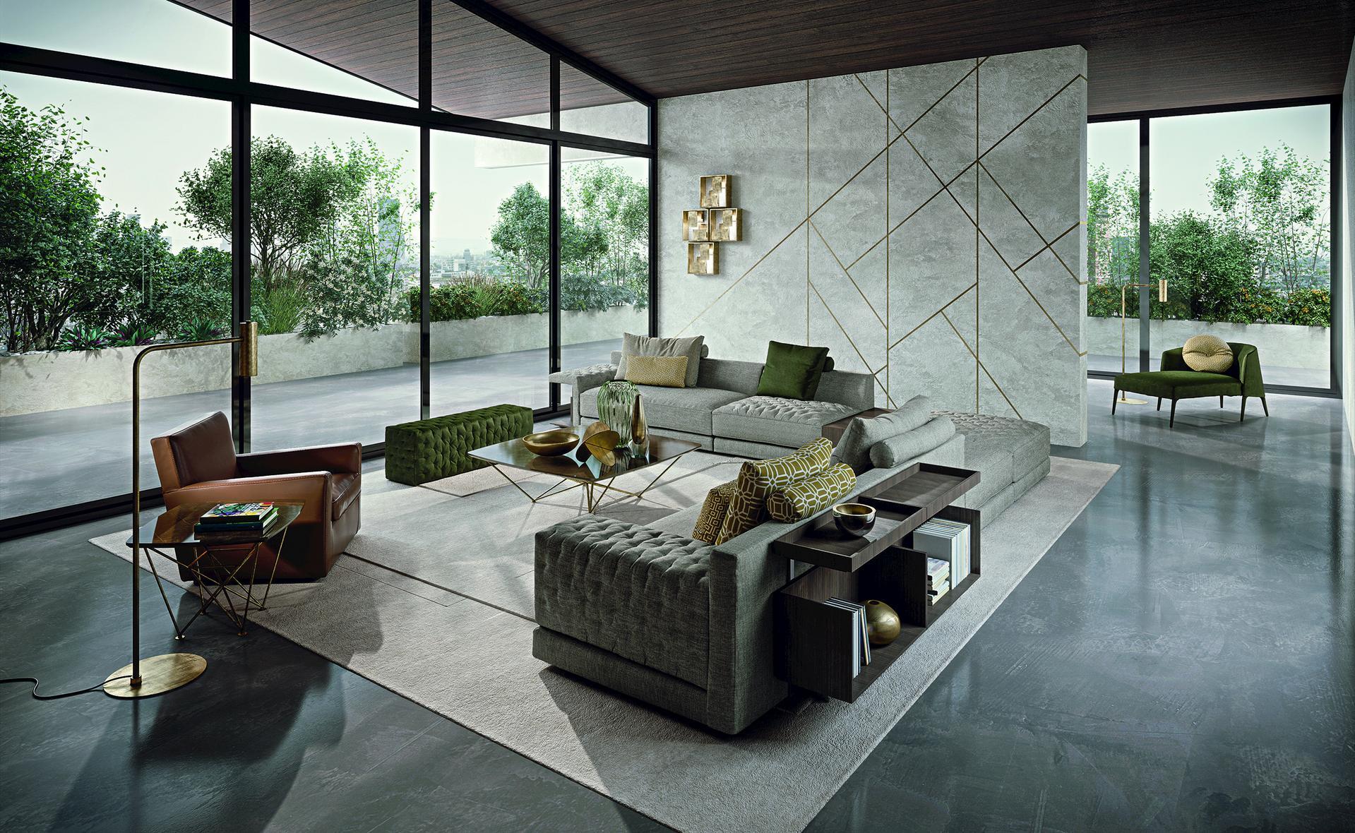 Sectional fabric sofa with integrated magazine rack | Miller by Frigerio