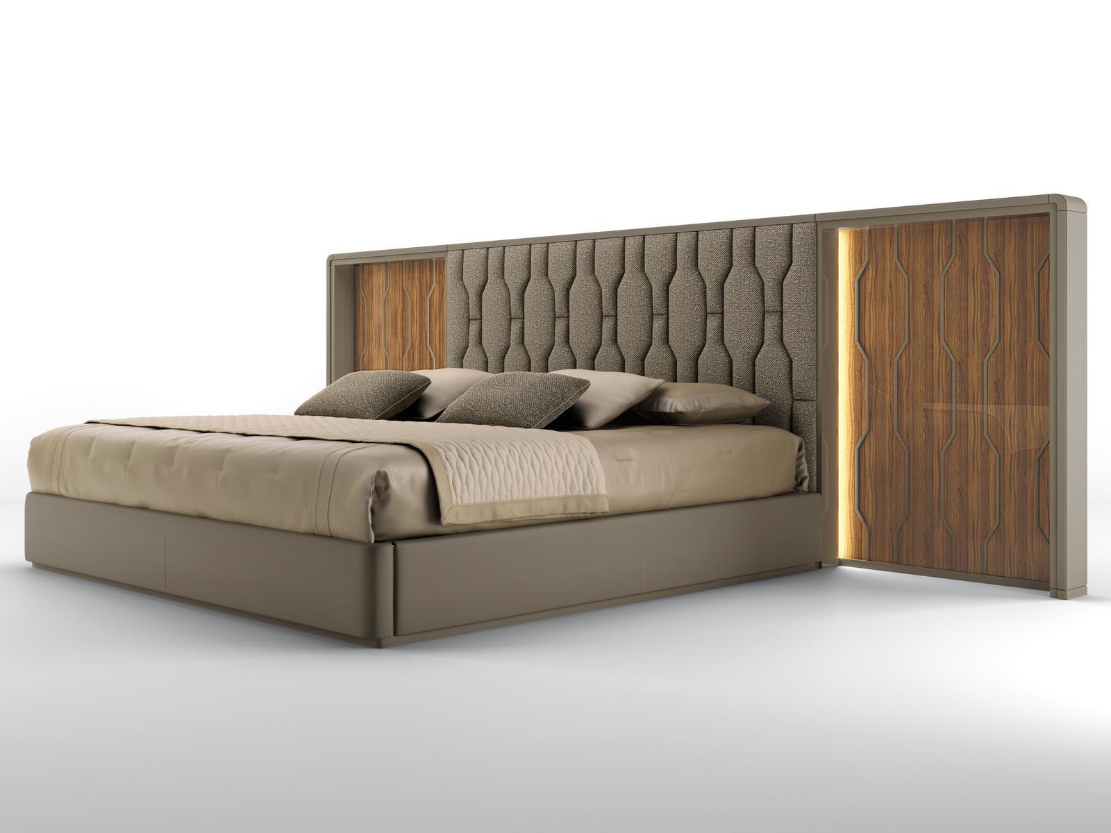 Leather bed with fabric and canaletto walnut headboard | Cleo by Bruno Zampa