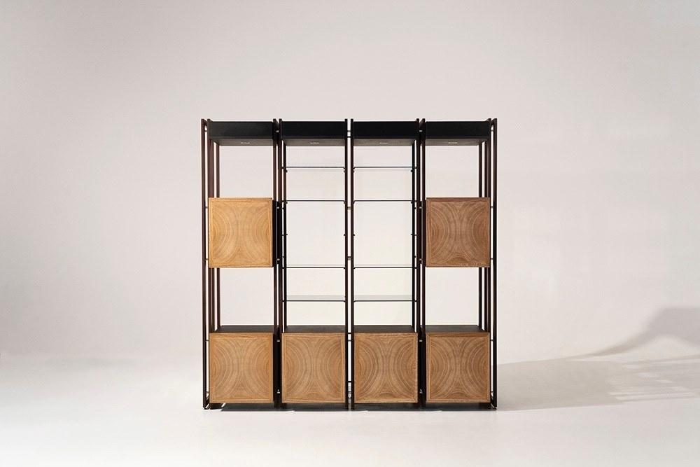 Open wood veneer and iron bookcase with drawers | Tury by Mantellassi 1926