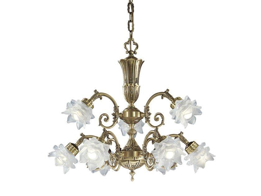 Satin brass chandelier with glass | Michela 15/6+3 by Possoni Illuminazione