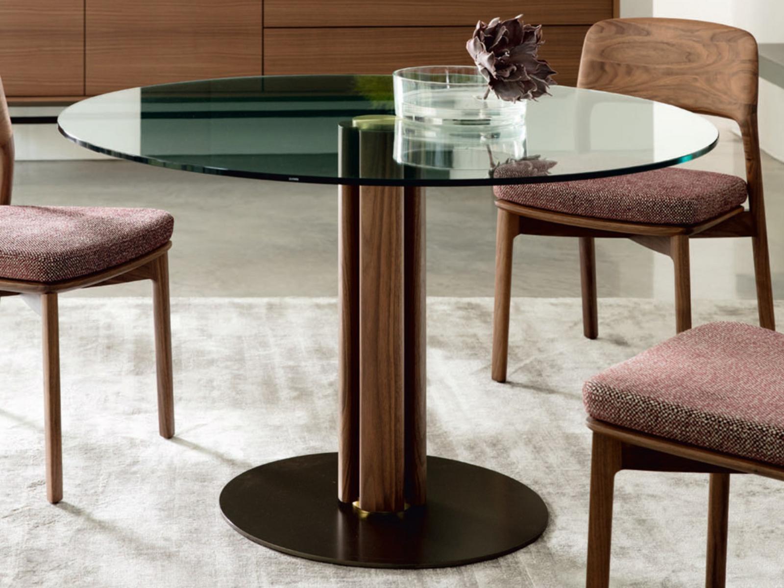 Round walnut table and crystal top | Quadrifoglio 1 by Porada