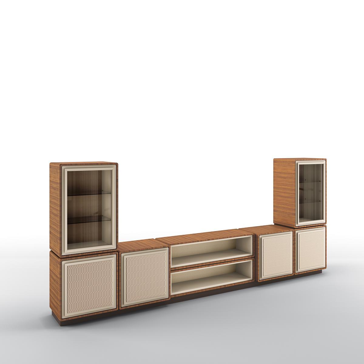 Modular walnut TV cabinet with doors | Dedalo by Bruno Zampa